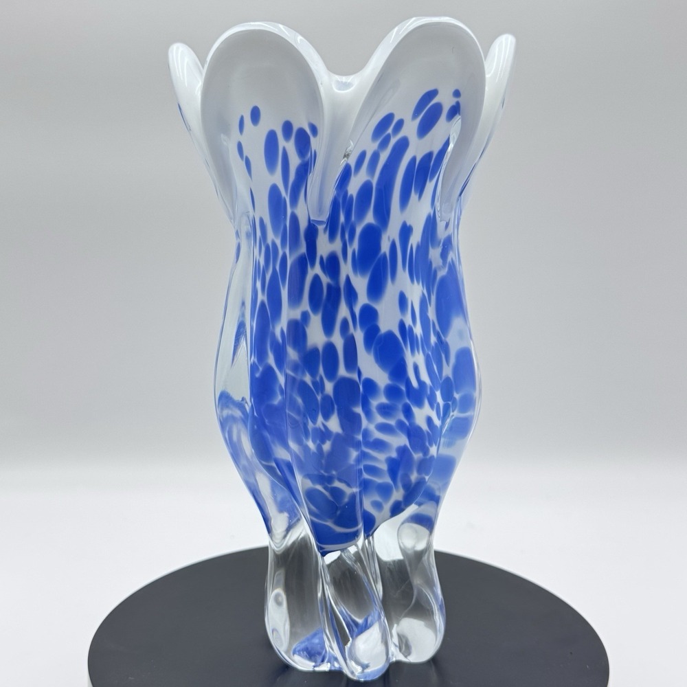 Royal Gallery Art Glass Vase Blue White Clear Wavy Rim VTG poland 9.5" Heavy EUC